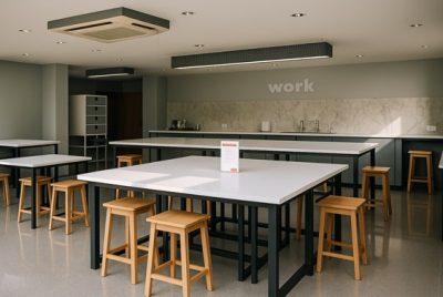 Sala Prática de Culinária no Work Espaço Criativo – Disponível para Aluguer Imagem da sala prática de culinária no Work Espaço Criativo, equipada para workshops gastronómicos no Porto